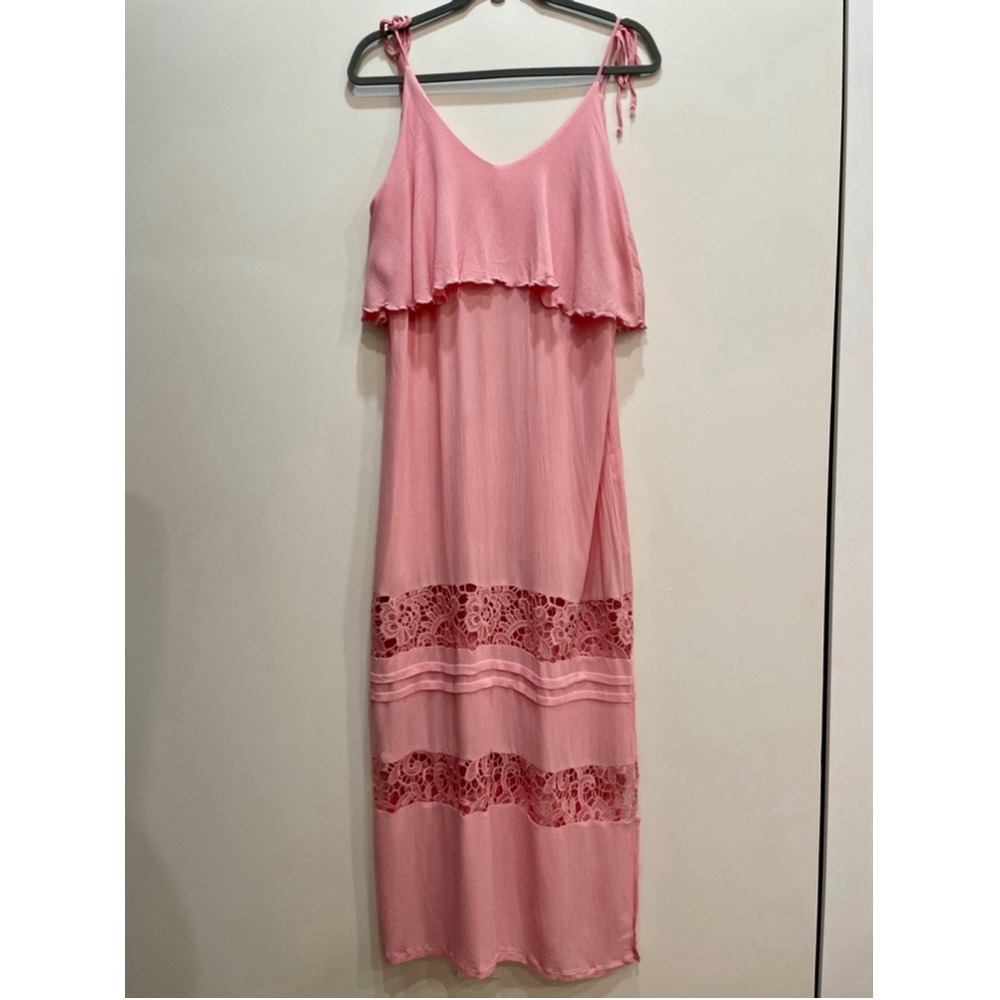 Amiani Tiered Pink Maxi Dress Lace Crochet XL Lightweight Rayon Resort Wear